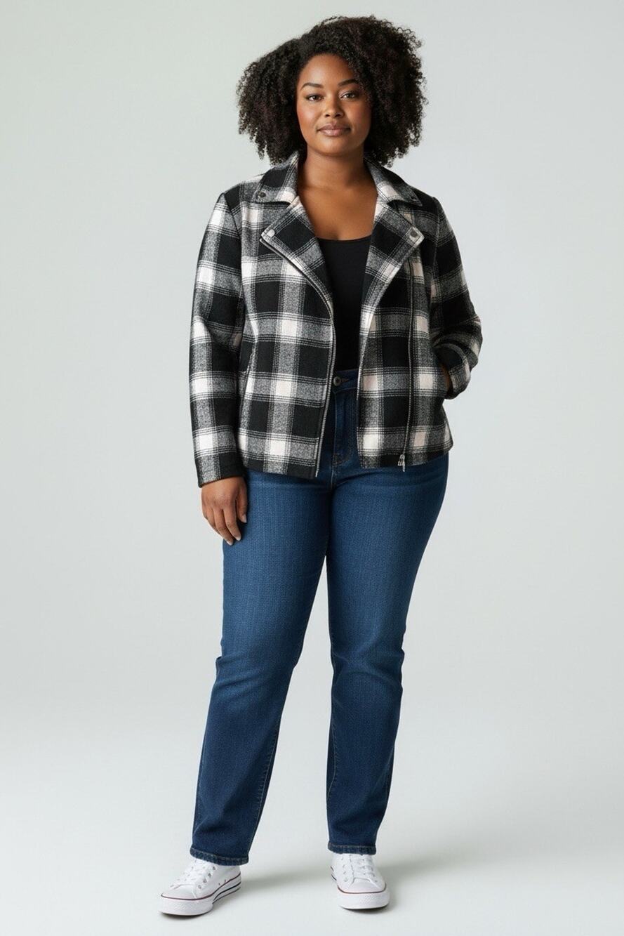 Torrid Plus Flannel Moto Plaid Jacket Black White Zip Up Casual City Chic 2